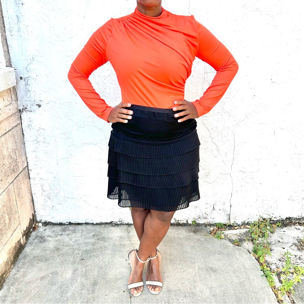 Rebecca Taylor Sheer Black Pleated Layered A Line Fully Lined Skirt!